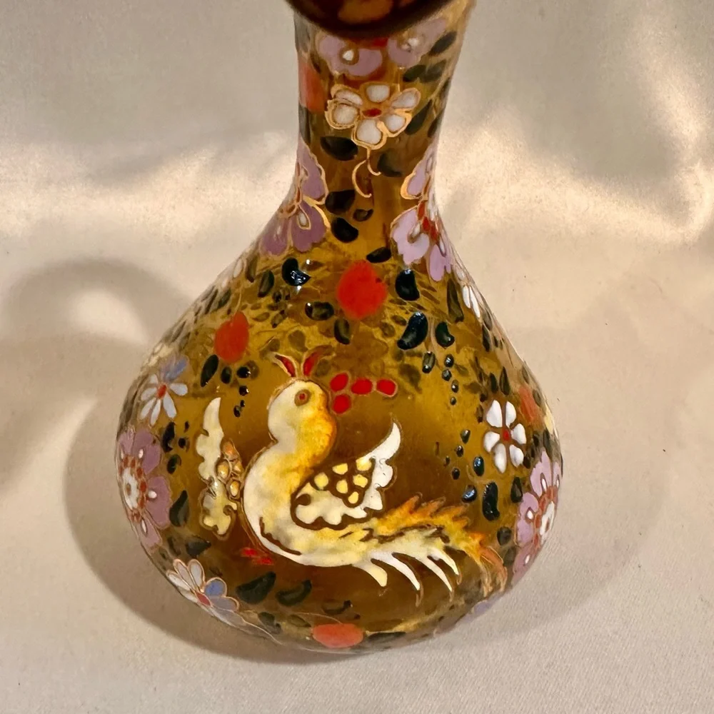 Vintage Hand-Painted Floral Enamelled Amber Hand Blown Glass Vase Pitcher Ewer